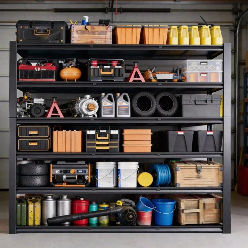 Heavy Duty Garage Shelving for Maximum Storage — Organize tools, tires, storage bins, equipment, and household supplies with durable metal storage shelves. This garage storage shelving solution maximizes vertical space, keeps bulky items off the floor, and creates a clean, organized garage.