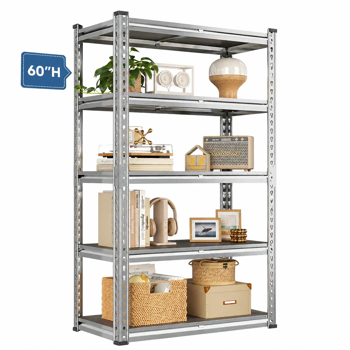 Reibii 5-Tier Galvanized PP Storage Racks for Kitchen, Pantry, Garage, Warehouse – Heavy Duty Metal Shelf Organizer