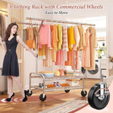 Raybee 62.9"W 300 LBS Rolling Wardrobe Rack, Double Rods Clothing Racks for Hanging Portable& Adjustable, Commercial,Bedroom
