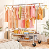 Raybee 62.9"W 300 LBS Rolling Wardrobe Rack, Double Rods Clothing Racks for Hanging Portable& Adjustable, Commercial,Bedroom