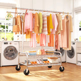 Raybee 62.9"W 300 LBS Rolling Wardrobe Rack, Double Rods Clothing Racks for Hanging Portable& Adjustable, Commercial,Bedroom