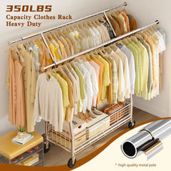 Raybee 65.4"W 350LBS Rolling Clothing rack with Shelves, Adjustable Commecial Garment Racks