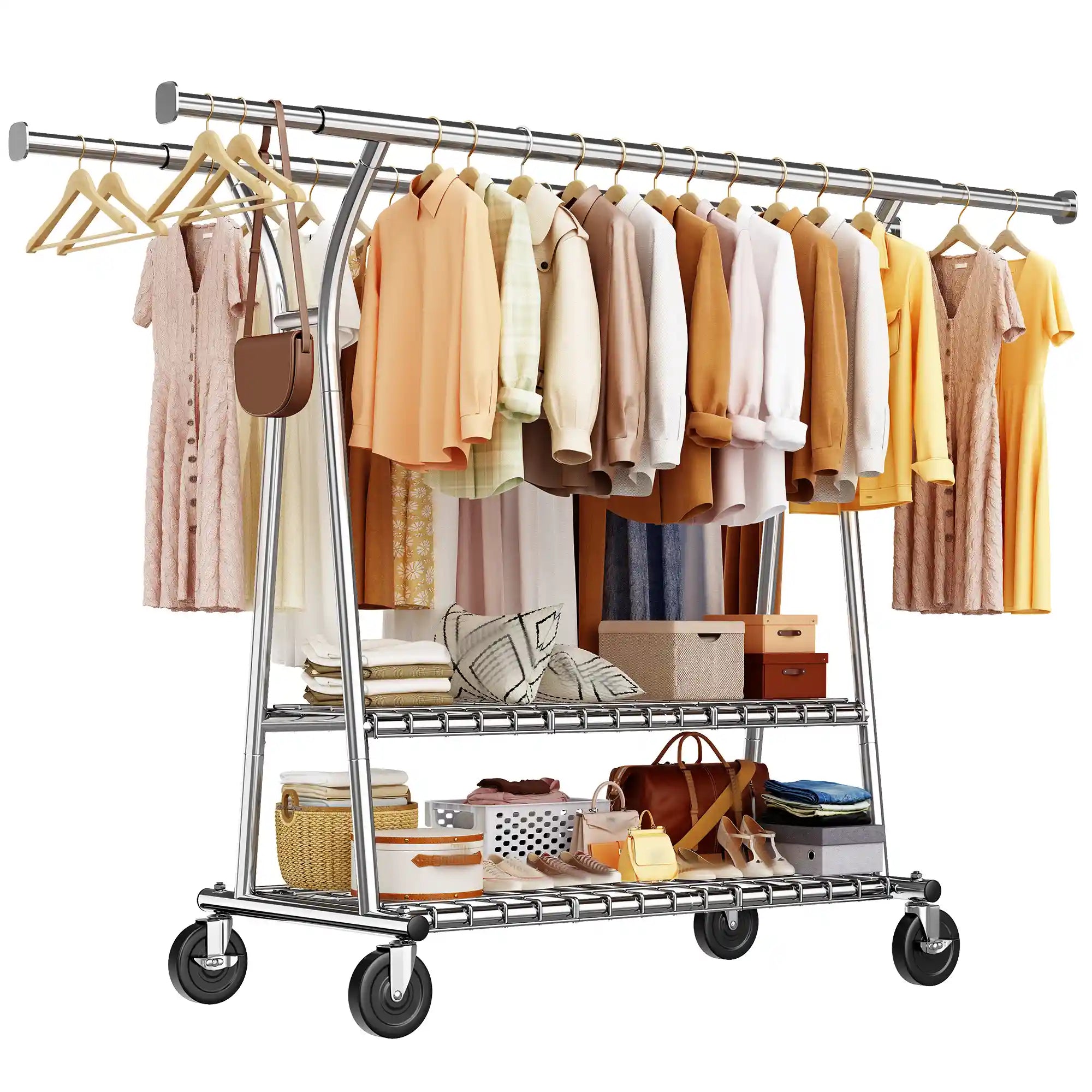 Raybee 570 LBS Heavy Duty Rolling Clothes Rack with Shelves, Adjustabl ...