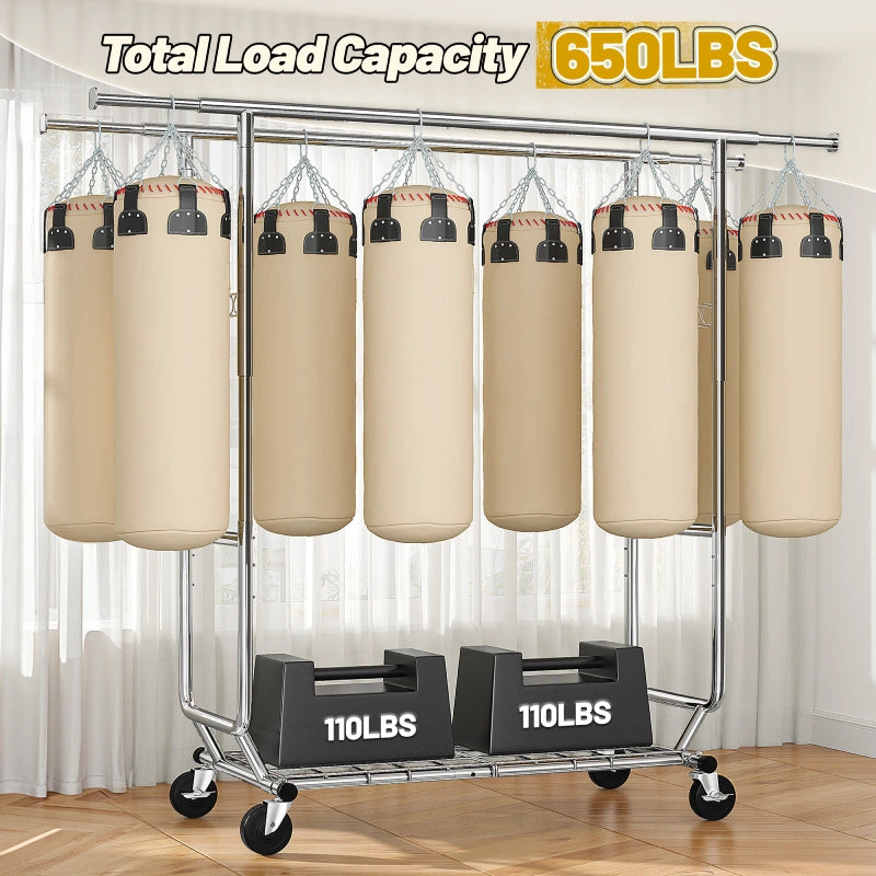 Raybee 75"W x 68"H Double Rolling Clothes Rack with Wheels,650LBS Heavy-Duty Commercial Garment Rack, For Bedroom