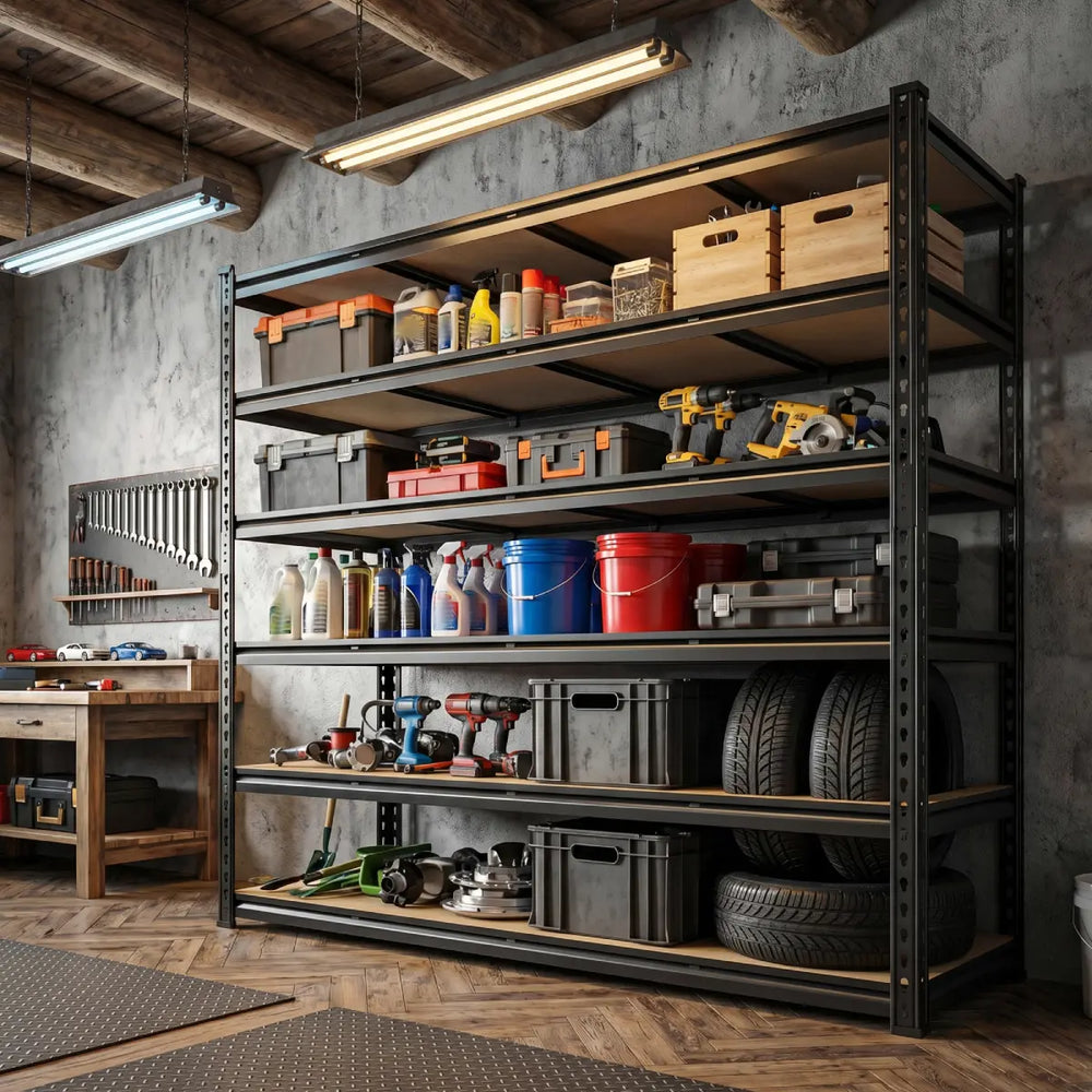 Tall garage shelving organized with storage bins, tools and workshop supplies