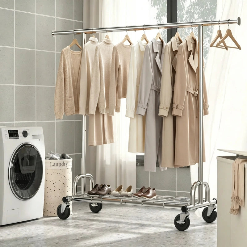 Raybee Heavy Duty Extendable Clothes Rack, 75"W Adjustable Rolling Garment Rack with Storage Shelf, 360° Lockable Wheels & Tool-Free Assembly for Bedroom Dorm Laundry