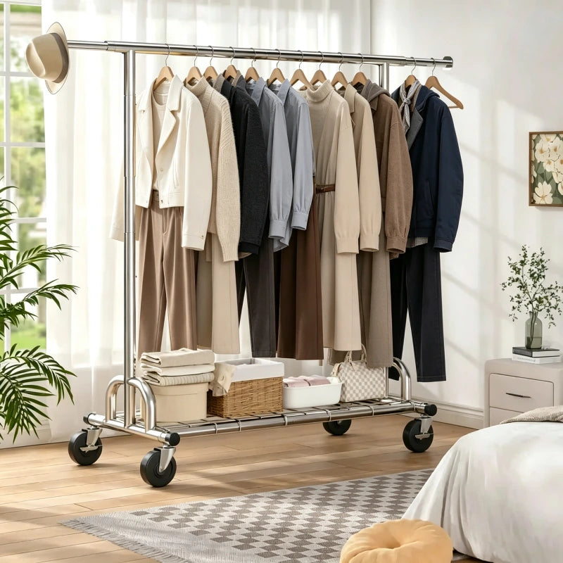 Raybee Heavy Duty Extendable Clothes Rack, 75"W Adjustable Rolling Garment Rack with Storage Shelf, 360° Lockable Wheels & Tool-Free Assembly for Bedroom Dorm Laundry