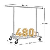 Raybee Heavy Duty Extendable Clothes Rack, 75"W Adjustable Rolling Garment Rack with Storage Shelf, 360° Lockable Wheels & Tool-Free Assembly for Bedroom Dorm Laundry