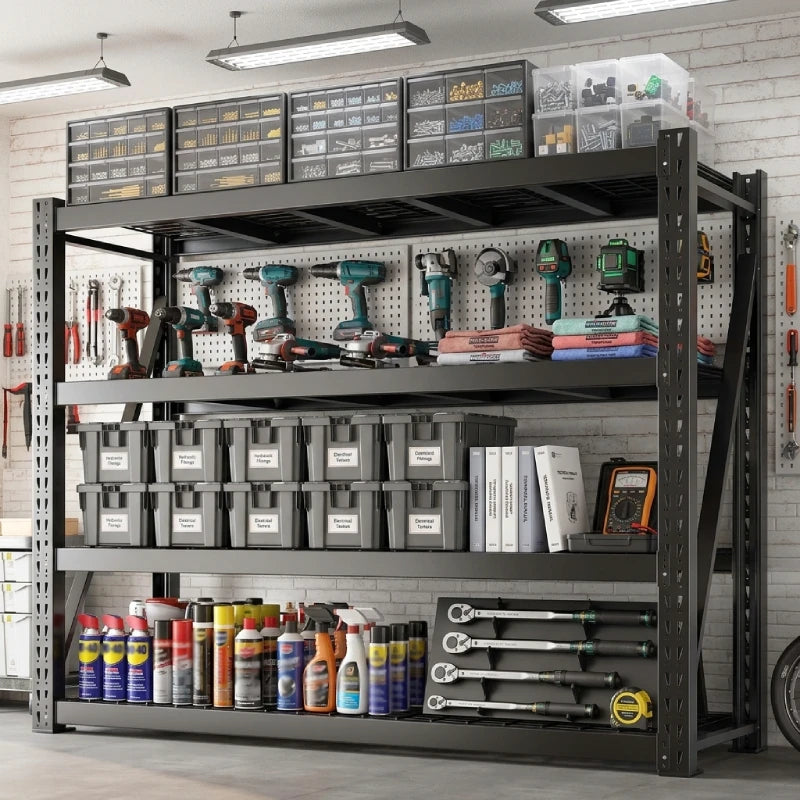 REIBII 77.2″ W Industrial Heavy-Duty Garage Shelving, 4-Tier Adjustable Steel Storage Shelves for Garage, Warehouse, Basement