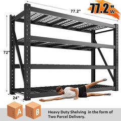 REIBII 77.2″ W Industrial Heavy-Duty Garage Shelving, 4-Tier Adjustable Steel Storage Shelves for Garage, Warehouse, Basement