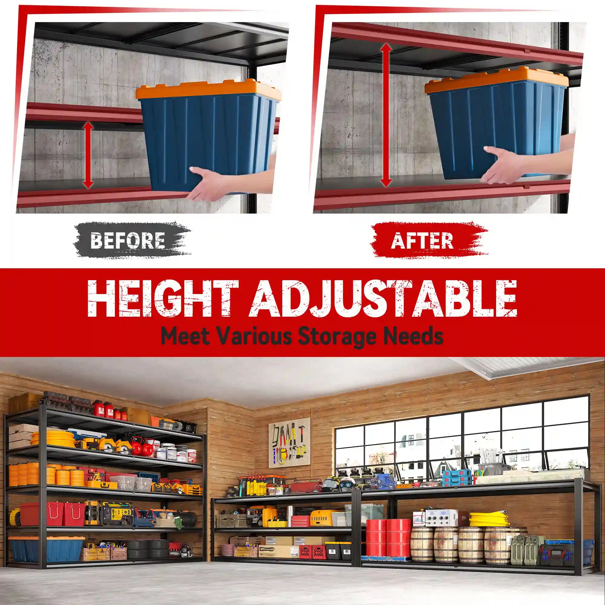 The flexible adjustable metal shelving unit lets you create the storage configuration you need for different-sized items.
