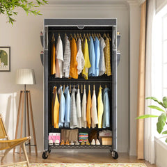 Raybee 79"H Clothes Rack with Cover,Clothing Racks With Wheels for Hanging,Adjustable, Portable Clothes Rack