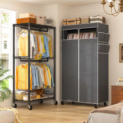 Raybee 79"H Clothes Rack with Cover,Clothing Racks With Wheels for Hanging,Adjustable, Portable Clothes Rack