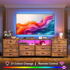 12-drawer TV stand dresser w/ power outlets & LED lights, open shelf, fits 75" TV Modern bedroom media console