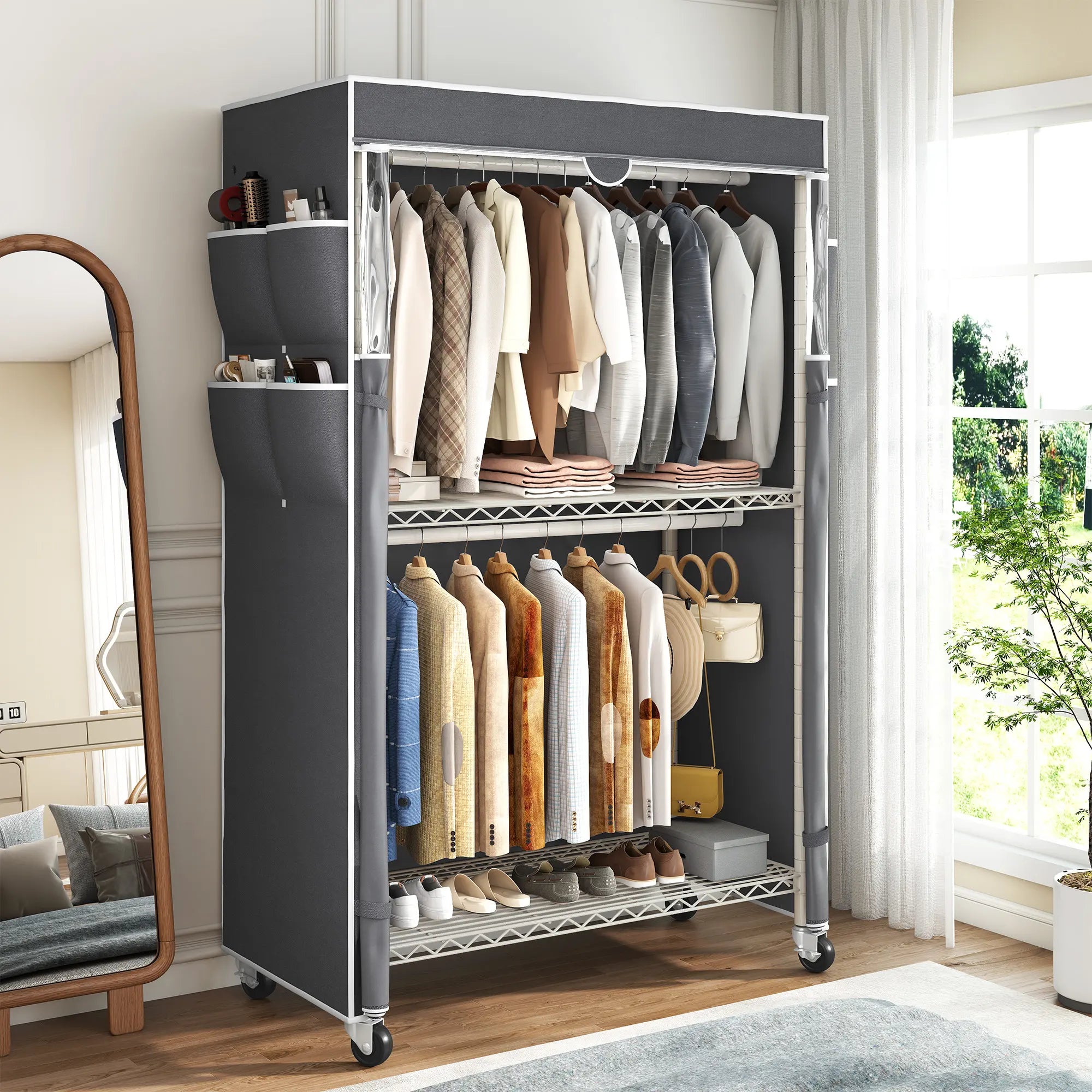 Raybee 81" H Rolling Garment Rack on Cover,445lbs Portable Closet & Adjustable Clothing Rack with Wheels For Bedroom