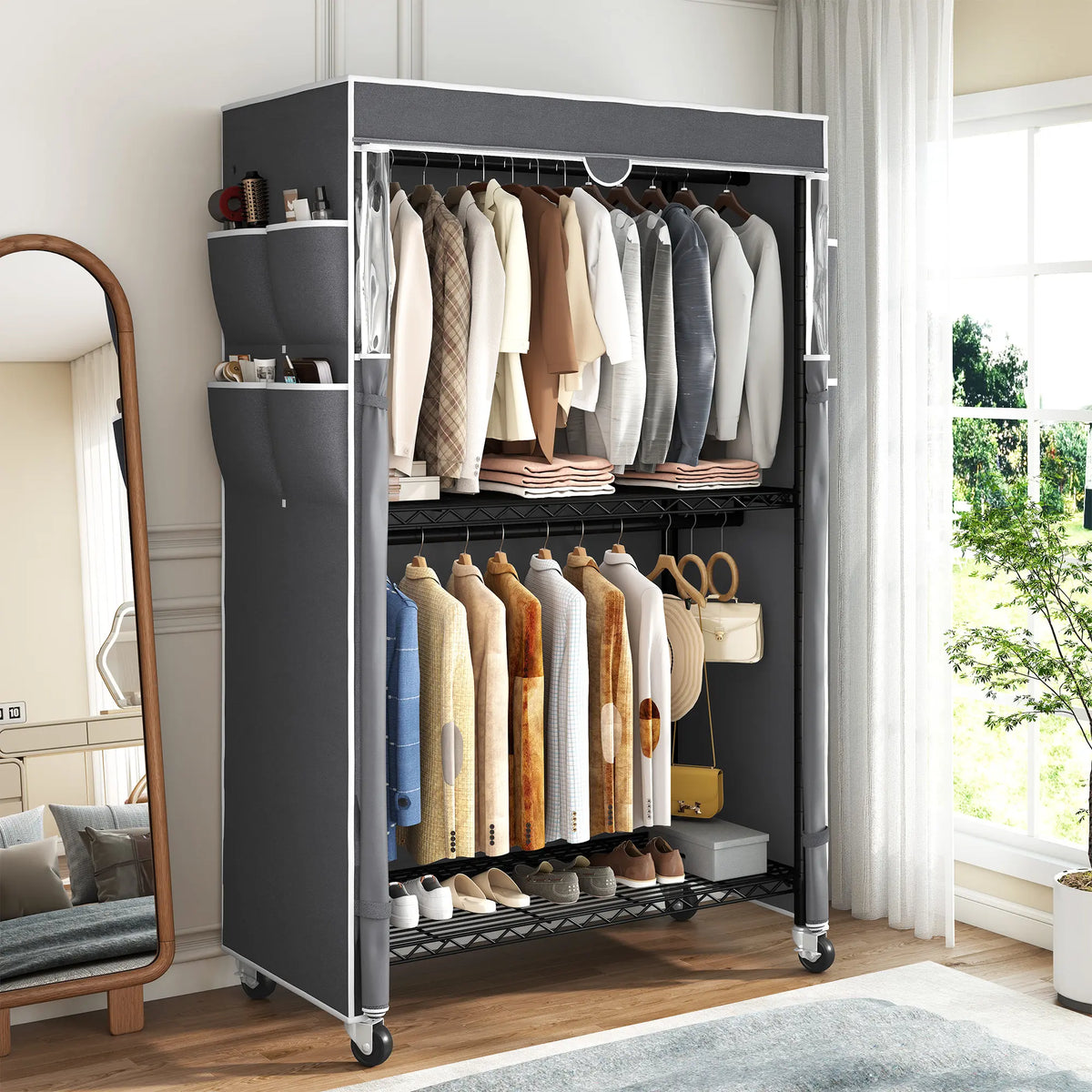 Raybee 81" H Rolling Garment Rack on Cover,445lbs Portable Closet & Adjustable Clothing Rack with Wheels For Bedroom