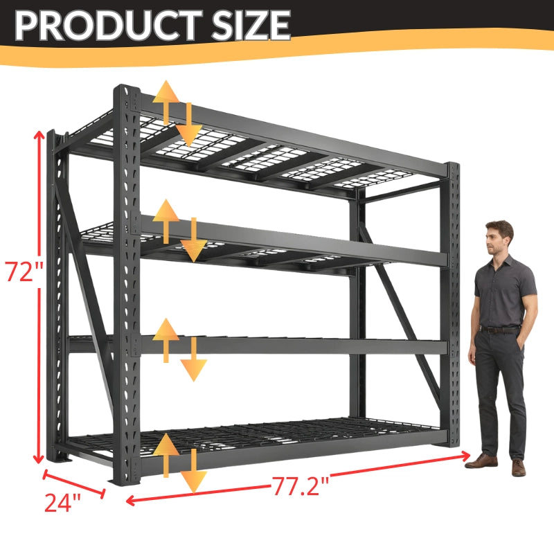 Heavy Duty Shelving Dimension：77.2" W x 24" D x 72" H/unit