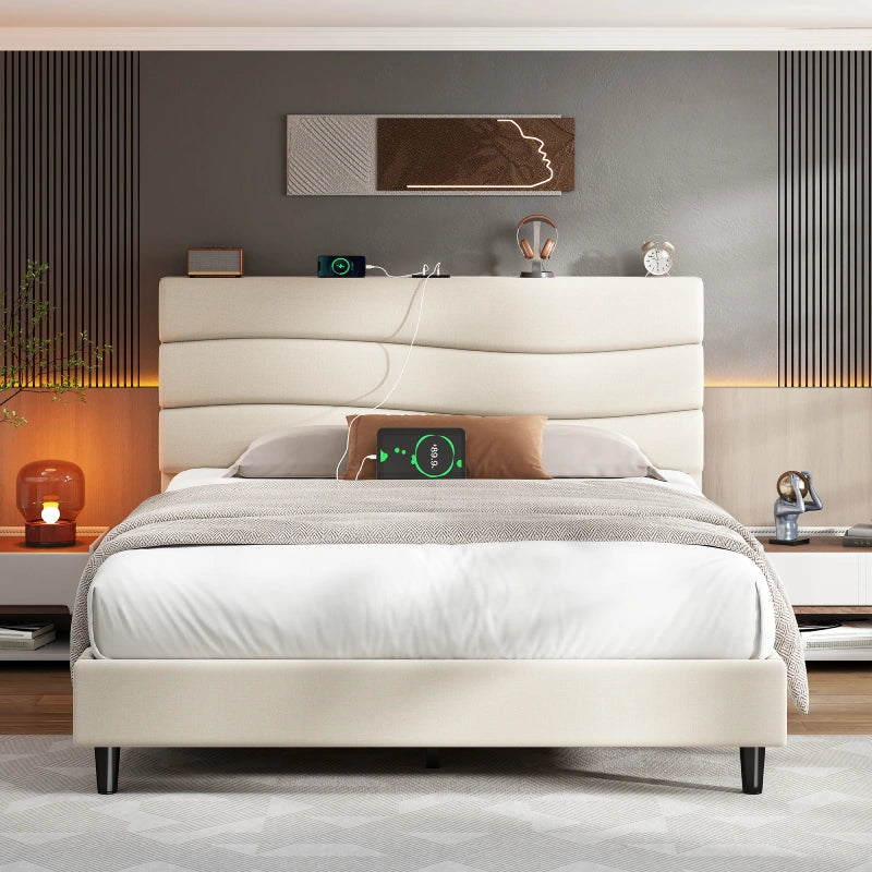 Reibii 880LBS Upholstered Bed Frame, Adjustable Headboard with Charging Station, Noise-Free & Easy Assembly
