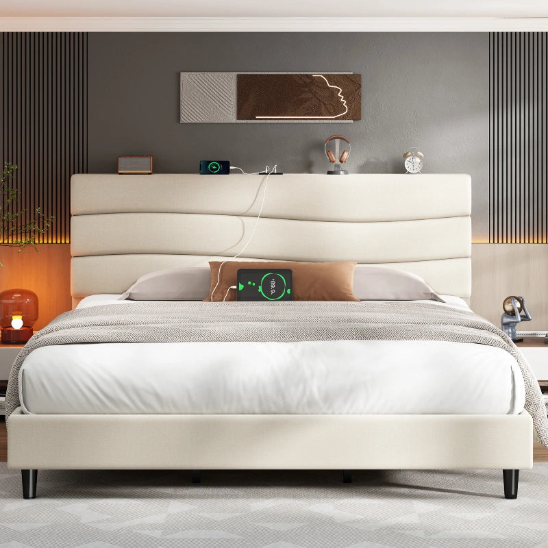Reibii 880LBS Upholstered Bed Frame, Adjustable Headboard with Charging Station, Noise-Free & Easy Assembly