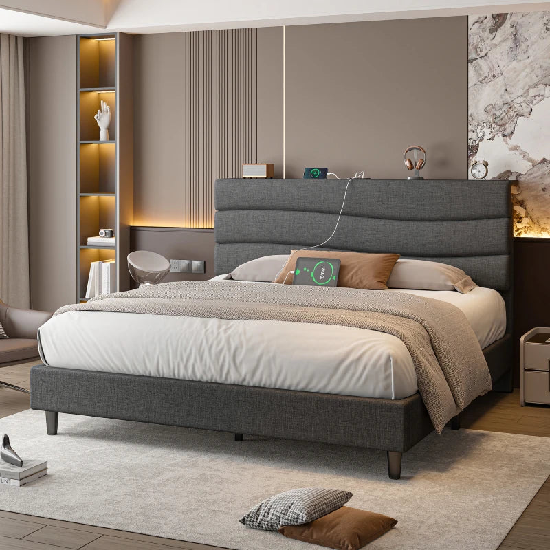 Reibii 880LBS Upholstered Bed Frame, Adjustable Headboard with Charging Station, Noise-Free & Easy Assembly