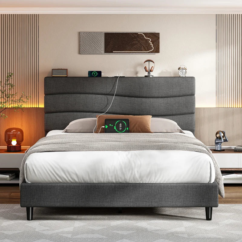 Reibii 880LBS Upholstered Bed Frame, Adjustable Headboard with Charging Station, Noise-Free & Easy Assembly