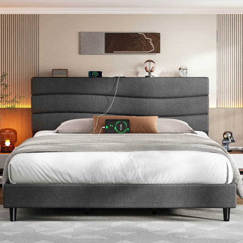 Reibii 880LBS Upholstered Bed Frame, Adjustable Headboard with Charging Station, Noise-Free & Easy Assembly