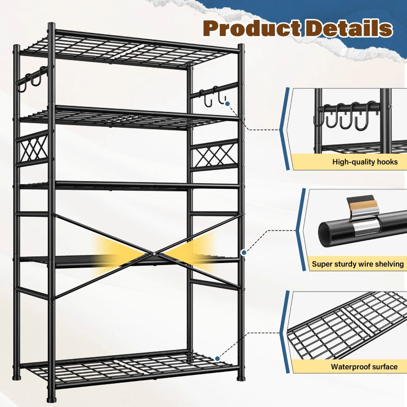 REIBII 36" Metal Storage Shelves with Hooks, Garage Shelving Unit 800lb Capacity, Easy Assembly Industrial Rack for Pantry, Kitchen, Laundry Room