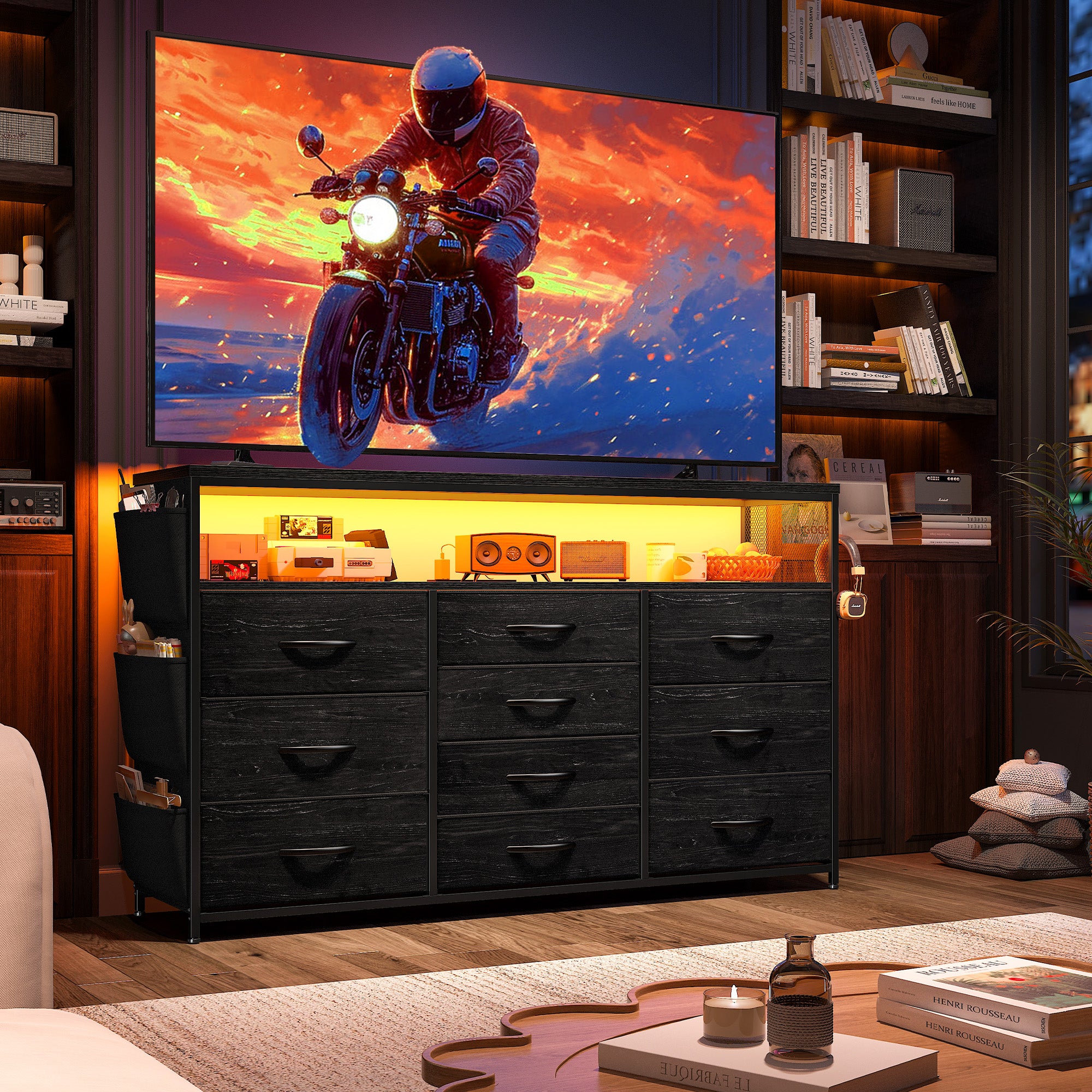 55" Smart TV Stand & Dresser | 10-Drawer Storage w/ LED Lights & Outlets | Metal/Wood Frame (Charcoal Black) 55" Smart TV Stand & Dresser | 10-Drawer Storage w/ LED Lights & Outlets | Metal/Wood Frame (Charcoal Black)