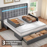 EnHomee 900LBS Upholstered Bed Frame,With 3 Storage Drawers,With Adjustable Headboard