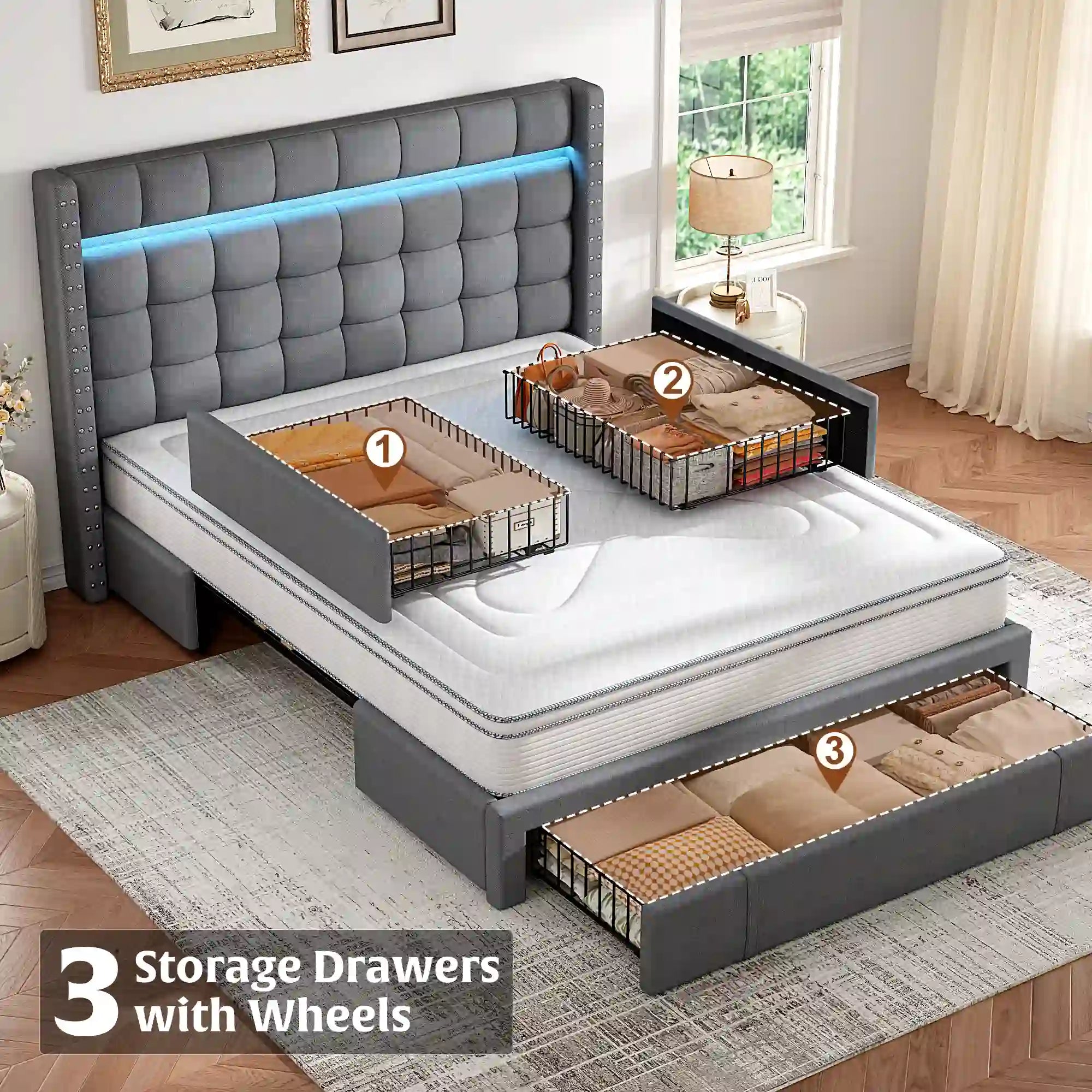thumbnail image 2 of EnHomee King Bed Frame With 4 Storage Drawers | Built-in Charging Station & LED Lights | No Box Spring Needed 2 of 11