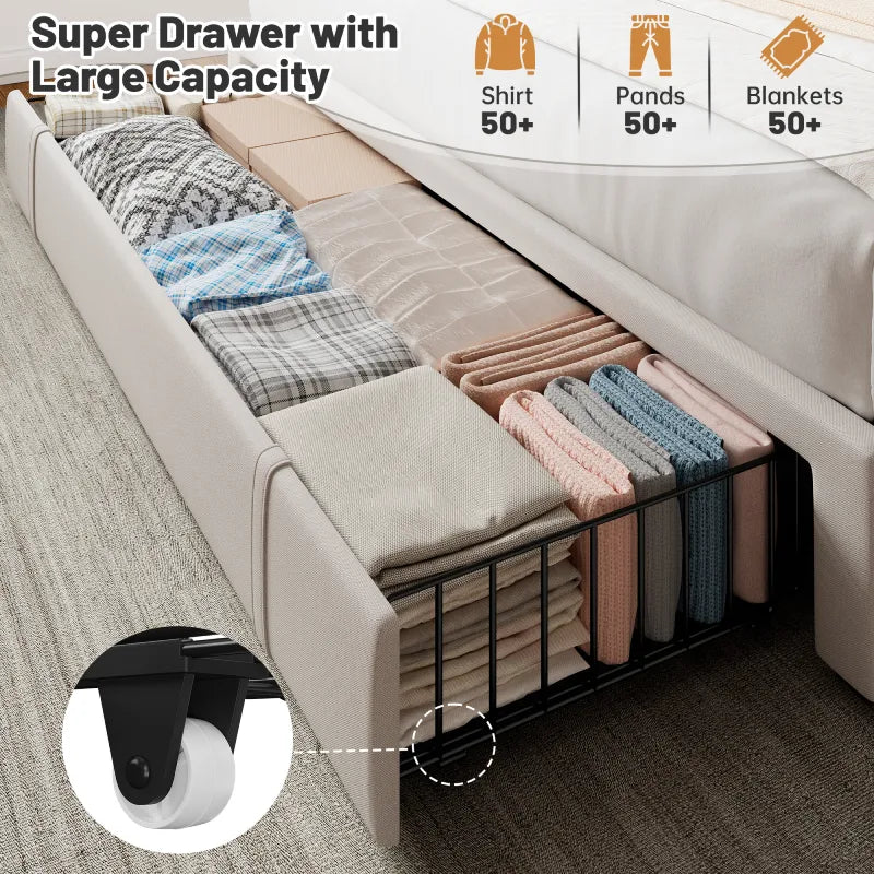 Reibii 900 lbs Heavy-Duty Upholstered Bed Frame with 3 Storage Drawers, LED Light Strip & Adjustable Headboard