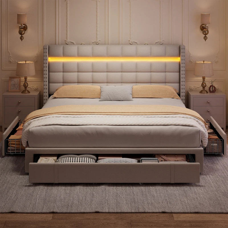 Reibii 900 lbs Heavy-Duty Upholstered Bed Frame with 3 Storage Drawers, LED Light Strip & Adjustable Headboard