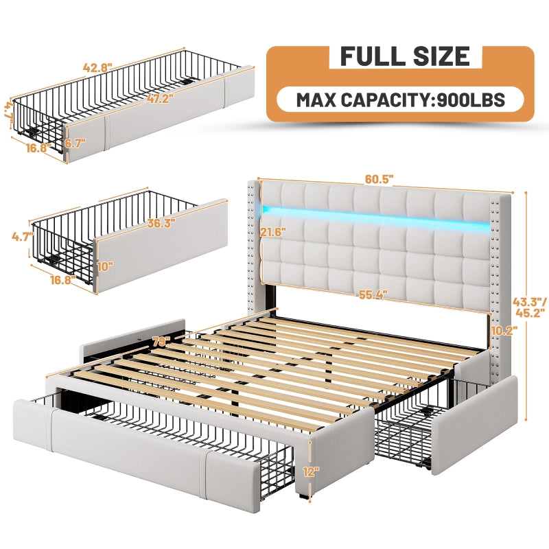 Reibii 900 lbs Heavy-Duty Upholstered Bed Frame with 3 Storage Drawers, LED Light Strip & Adjustable Headboard