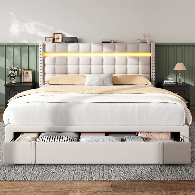Reibii 900 lbs Heavy-Duty Upholstered Bed Frame with 3 Storage Drawers, LED Light Strip & Adjustable Headboard