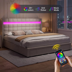 Reibii 900 lbs Heavy-Duty Upholstered Bed Frame with 3 Storage Drawers, LED Light Strip & Adjustable Headboard