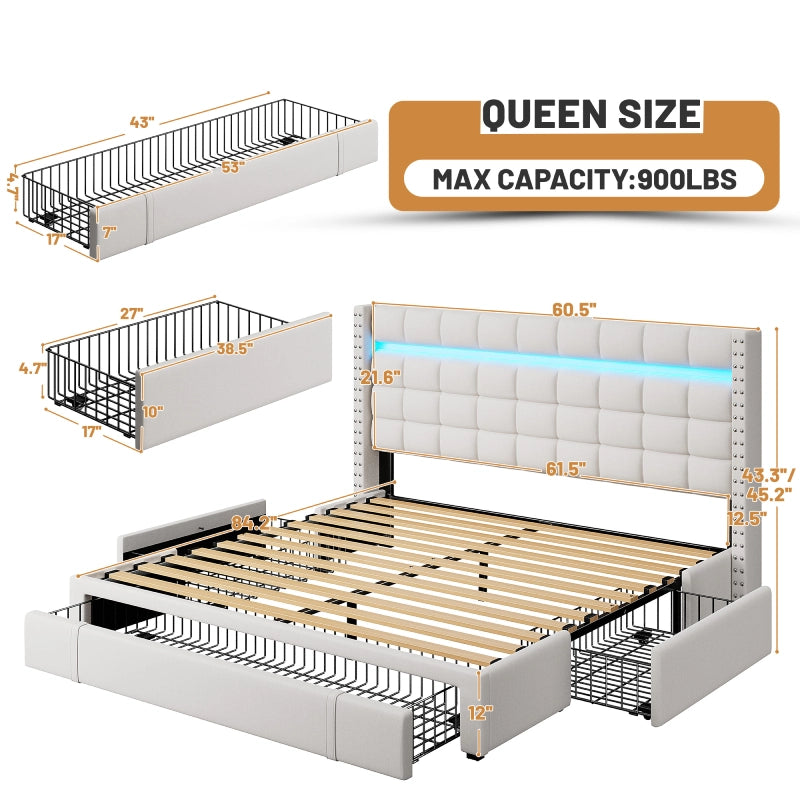 Reibii 900 lbs Heavy-Duty Upholstered Bed Frame with 3 Storage Drawers, LED Light Strip & Adjustable Headboard