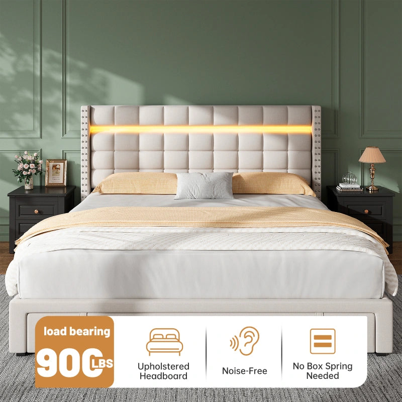 Reibii 900 lbs Heavy-Duty Upholstered Bed Frame with 3 Storage Drawers, LED Light Strip & Adjustable Headboard
