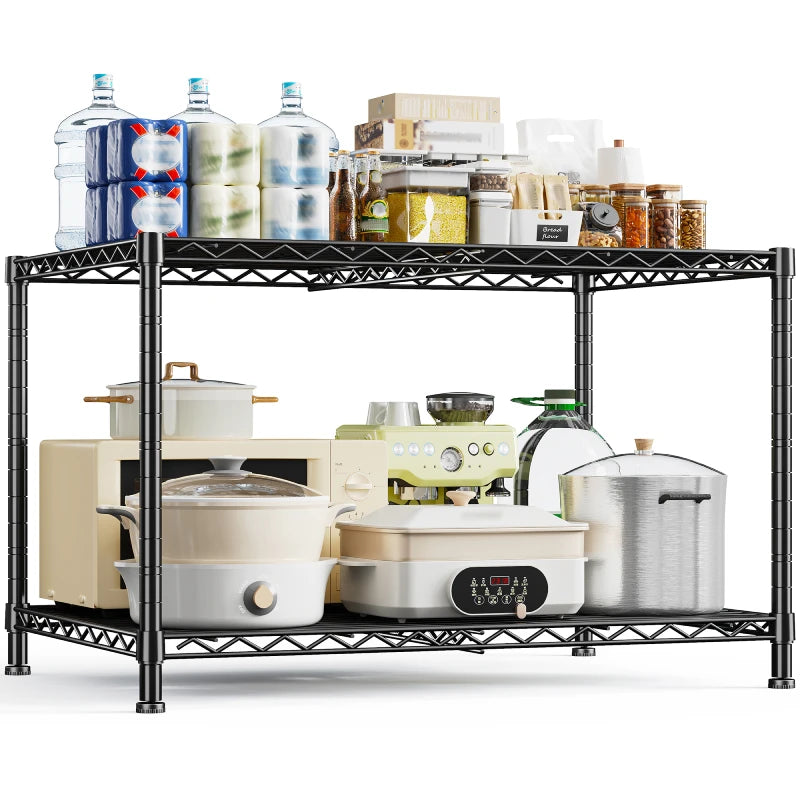 Reibii 35.4" Wide 2-Tier Adjustable Wire Storage Shelving, Rust-Resistant Metal Shelf with Leveling Feet for Kitchen, Laundry, Pantry & Bathroom