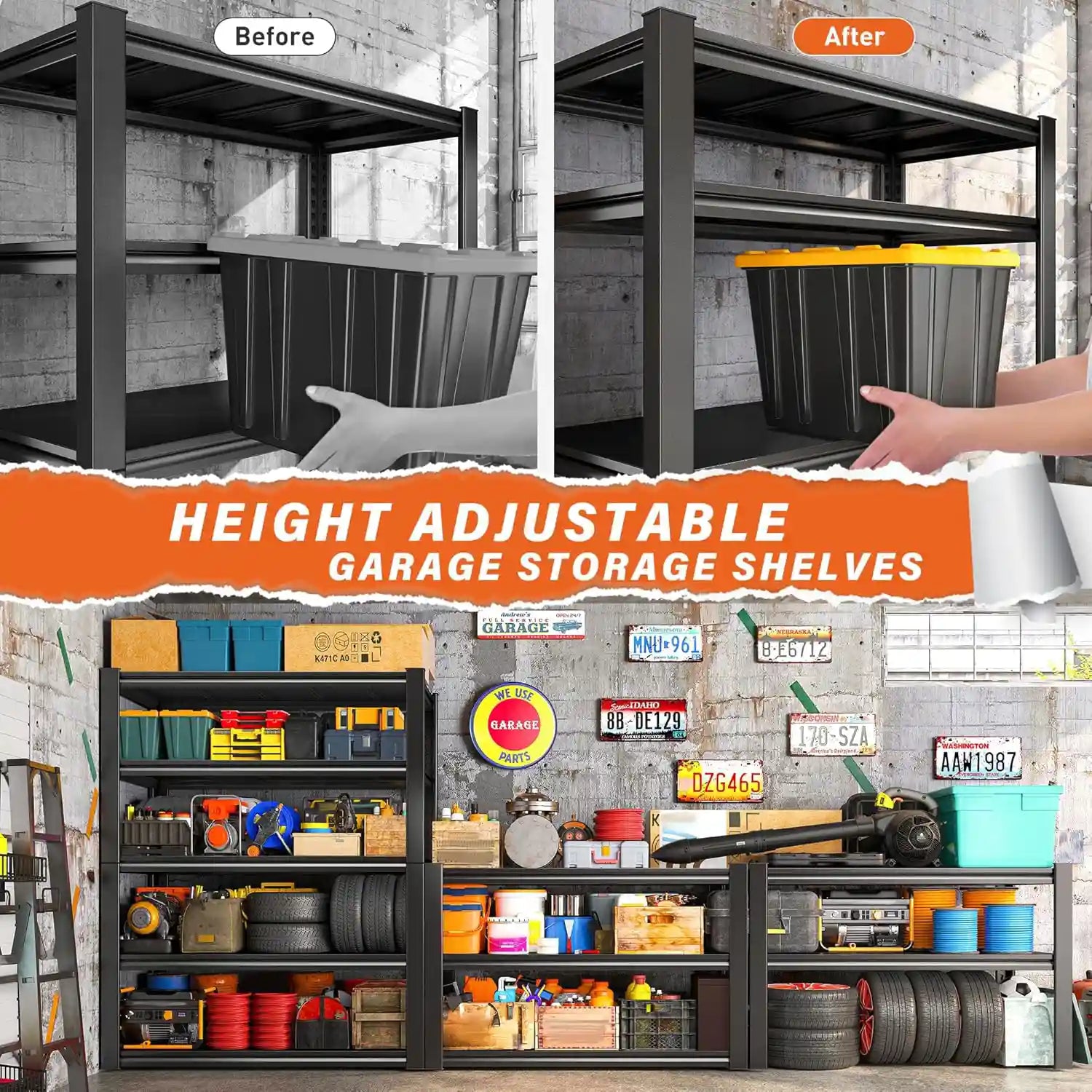 The dividable design allows one garage shelving unit to be separated into two storage racks for more flexible organization.