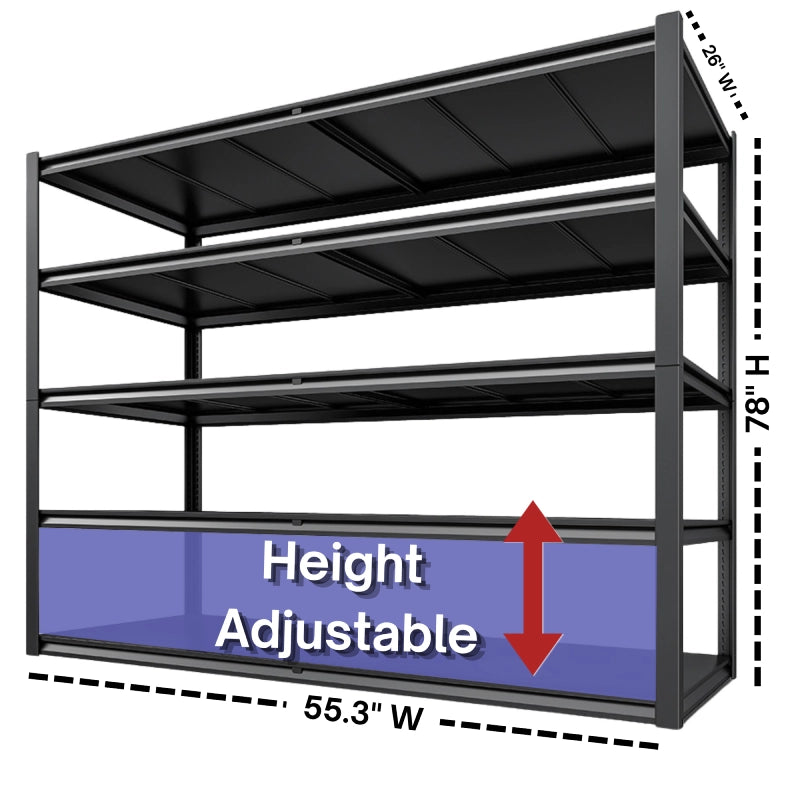 Measuring 55.3"W × 26"D × 78"H, this heavy duty shelving unit provides generous vertical storage for garages, warehouses, workshops, and basements.