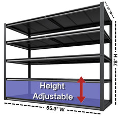 Measuring 55.3"W × 26"D × 78"H, this heavy duty shelving unit provides generous vertical storage for garages, warehouses, workshops, and basements.