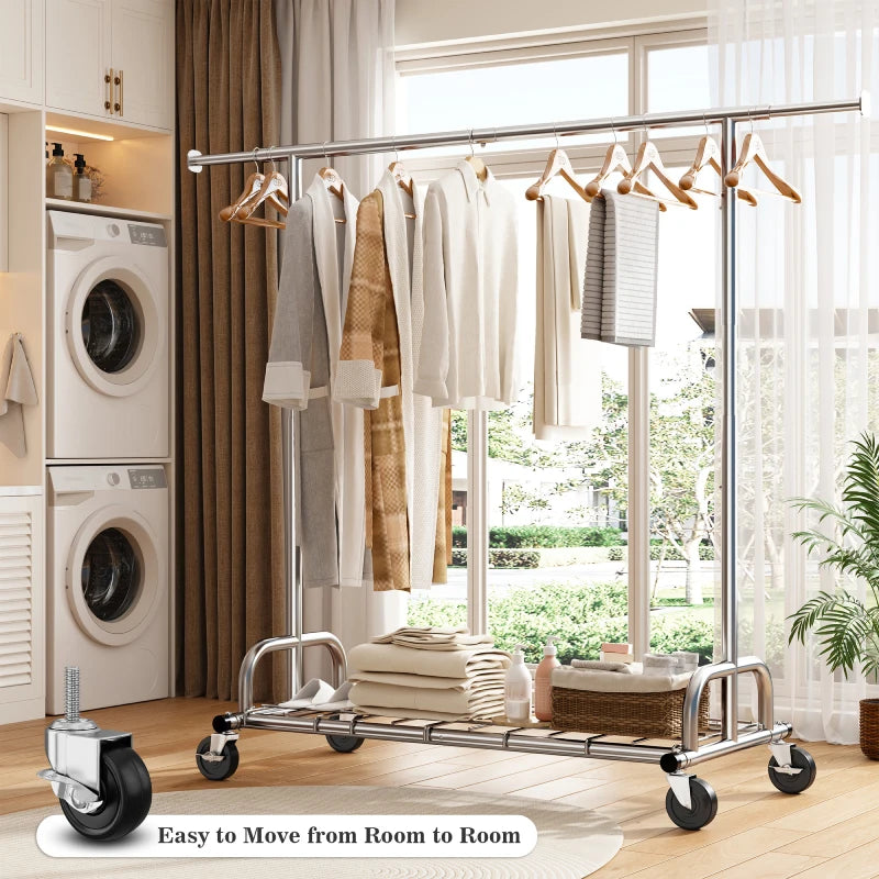 Raybee Heavy Duty Extendable Clothes Rack, 75"W Adjustable Rolling Garment Rack with Storage Shelf, 360° Lockable Wheels & Tool-Free Assembly for Bedroom Dorm Laundry
