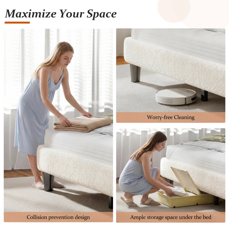 Reibii Boucle Bed Frame with LED Lights & Charging Station, 880 LBS, Modern Wave Design, Noise-Free, Easy Assembly