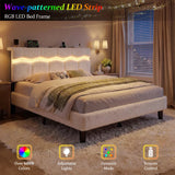 Reibii Boucle Bed Frame with LED Lights & Charging Station, 880 LBS, Modern Wave Design, Noise-Free, Easy Assembly