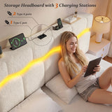 Reibii Boucle Bed Frame with LED Lights & Charging Station, 880 LBS, Modern Wave Design, Noise-Free, Easy Assembly