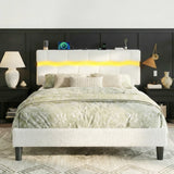 Reibii Boucle Bed Frame with LED Lights & Charging Station, 880 LBS, Modern Wave Design, Noise-Free, Easy Assembly
