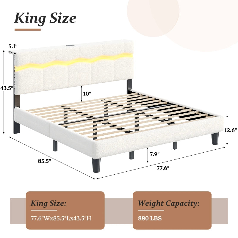 Reibii Boucle Bed Frame with LED Lights & Charging Station, 880 LBS, Modern Wave Design, Noise-Free, Easy Assembly