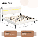 Reibii Boucle Bed Frame with LED Lights & Charging Station, 880 LBS, Modern Wave Design, Noise-Free, Easy Assembly