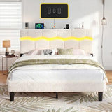Reibii Boucle Bed Frame with LED Lights & Charging Station, 880 LBS, Modern Wave Design, Noise-Free, Easy Assembly