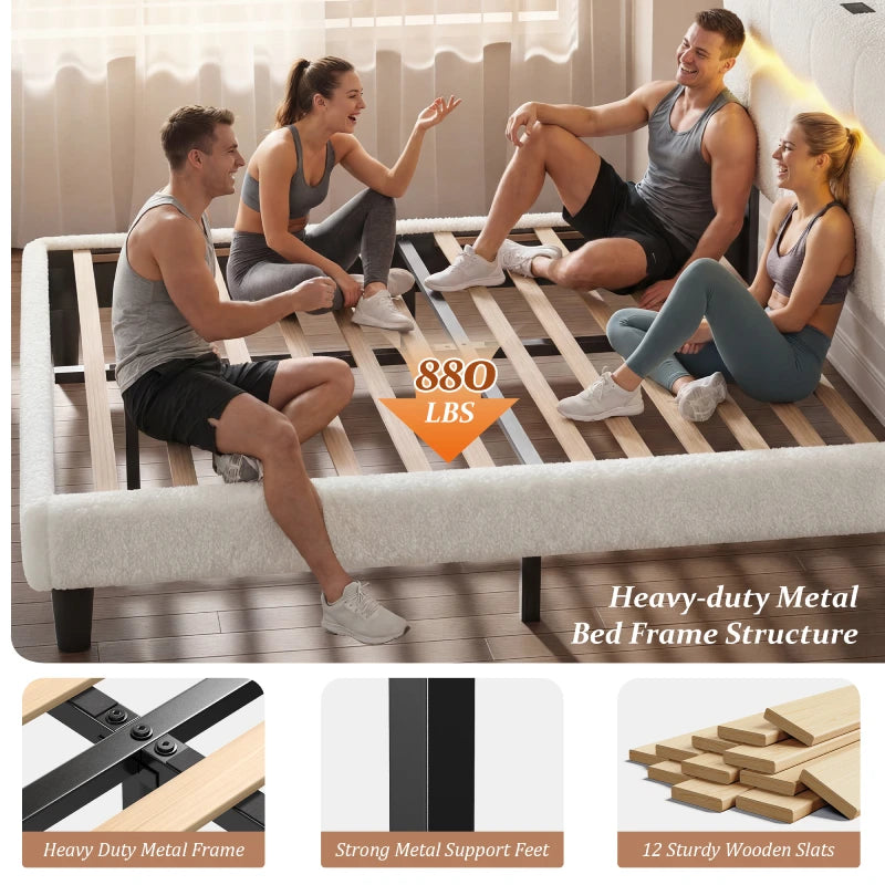 Reibii Boucle Bed Frame with LED Lights & Charging Station, 880 LBS, Modern Wave Design, Noise-Free, Easy Assembly